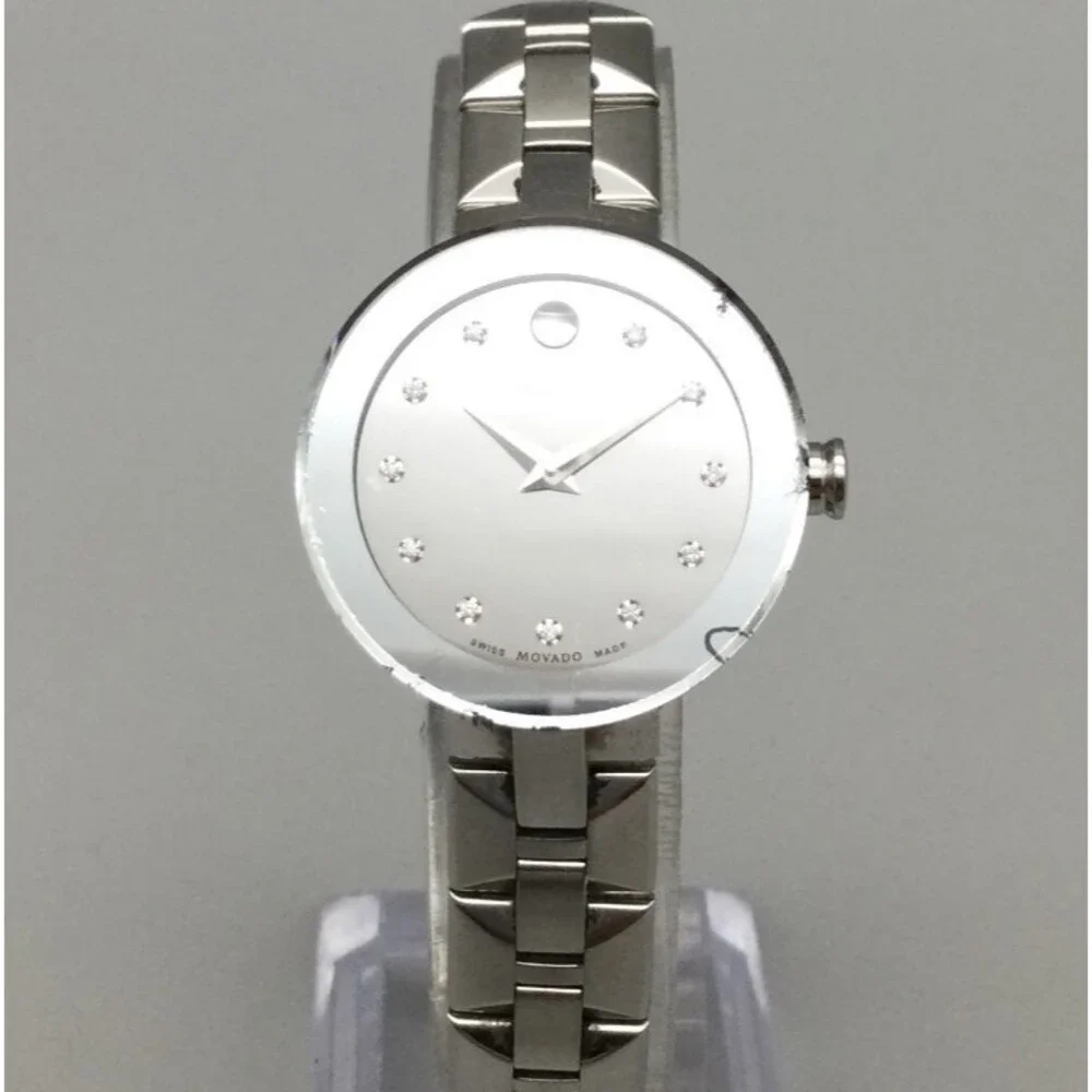 Swiss Movado Mirror Sapphire Watch Women 28mm Silver Tone New Battery 7.25